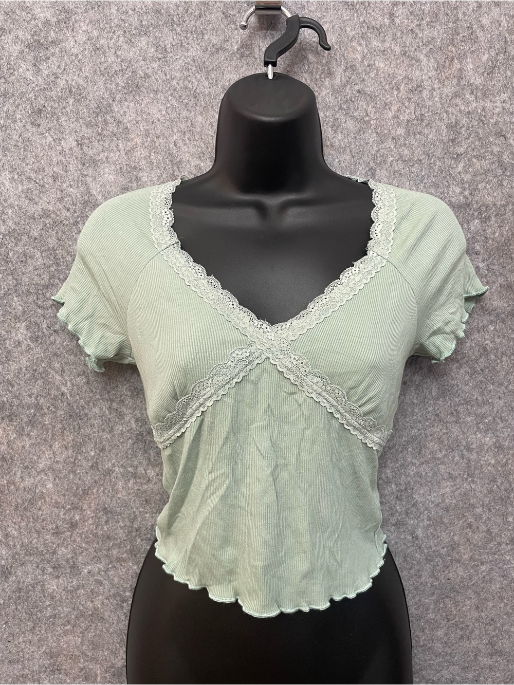 Y2K Babydoll Cropped Waffle Knit Lace Trim Medium Sage Green Fairycore Coquette